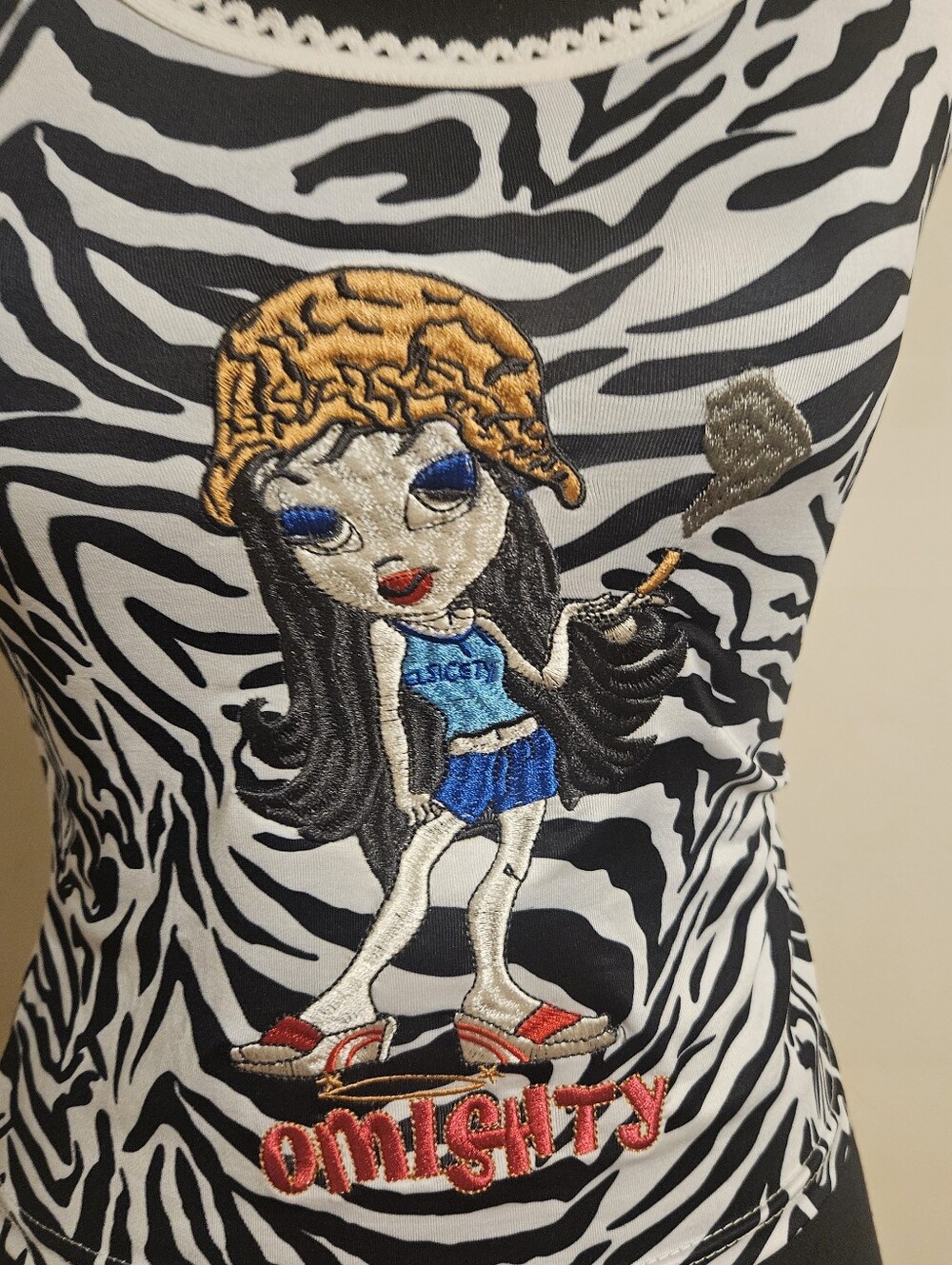 Y2K Zebra Embroidered Cropped Tank Top Black & White O-Mighty Style Streetwear S - Picture 3 of 7